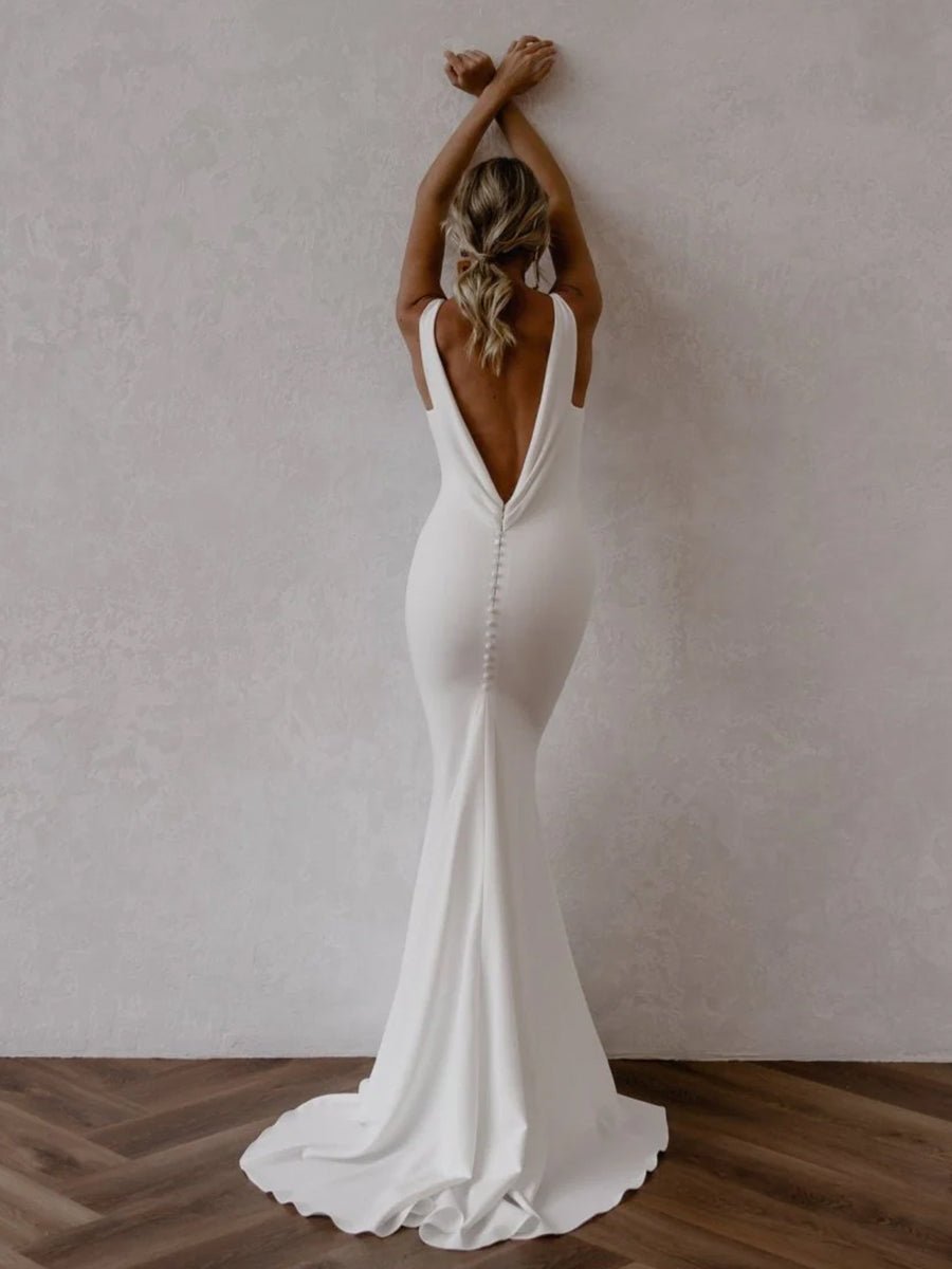 Jaylynn | Mermaid Deep V - Neck Backless White Wedding Dress - KissProm