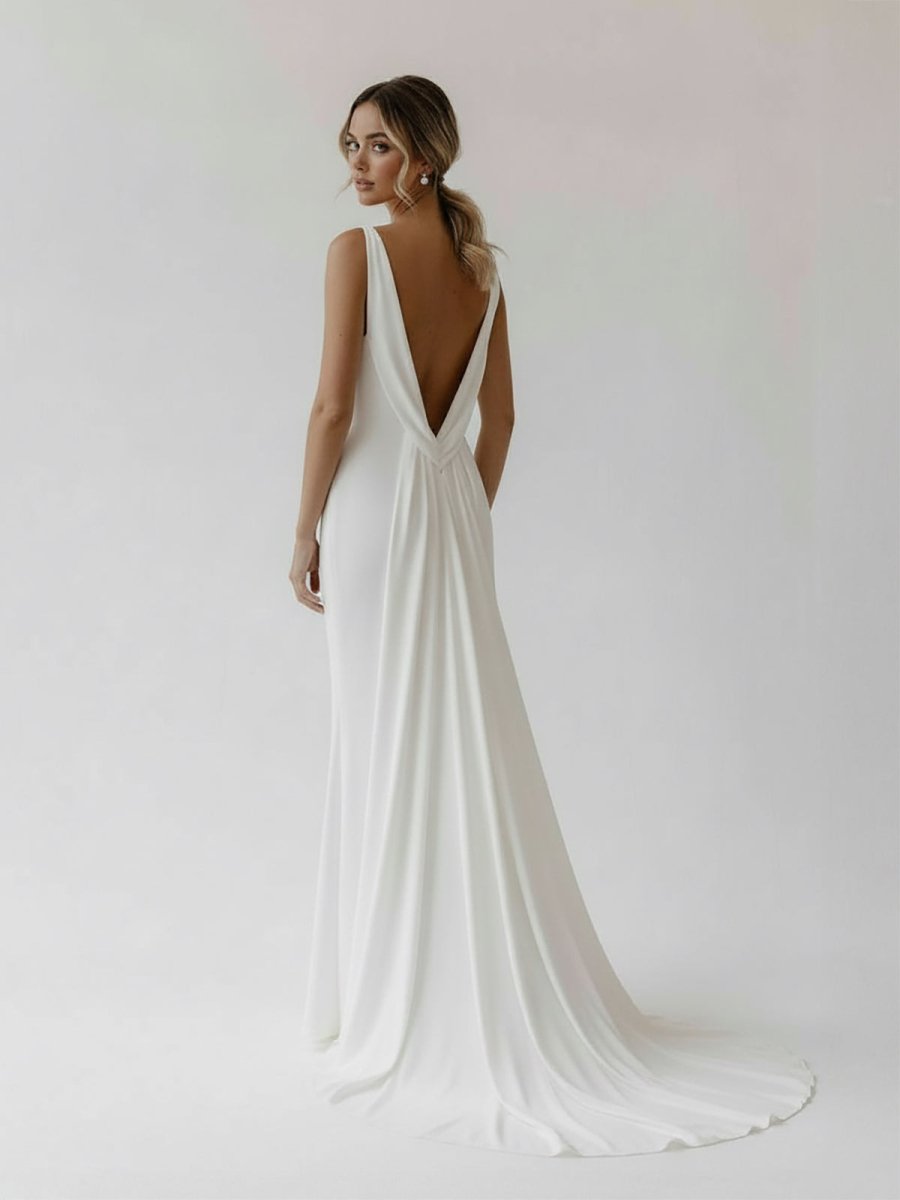 Jaylynn | Mermaid Deep V - Neck Backless White Wedding Dress - KissProm
