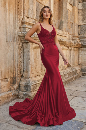 KissProm- Burgundy Mermaid Deep V Neck Satin Long Prom Dress with Appliques