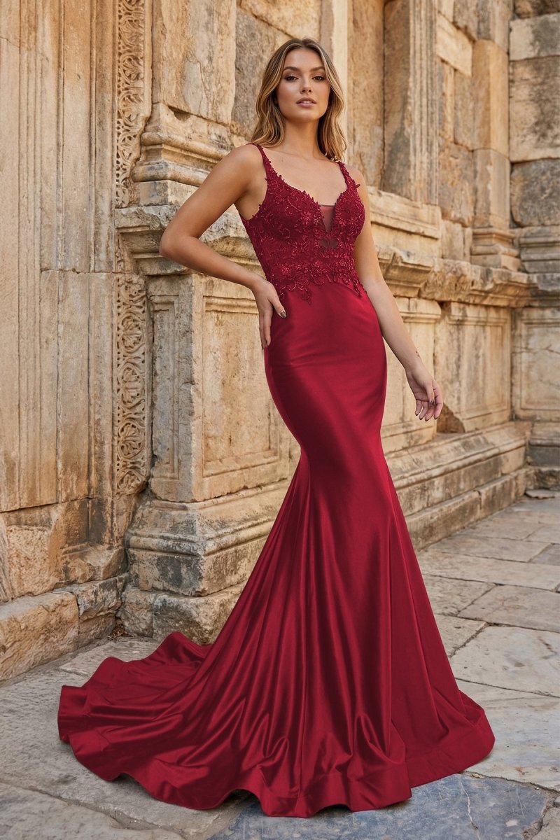Leila Navy Blue Mermaid Deep V Neck Satin Long Prom Dress with Appliques Burgundy / 14 Leila Navy Blue Mermaid Deep V Neck Satin Long Prom Dress with Appliques Burgundy / 14