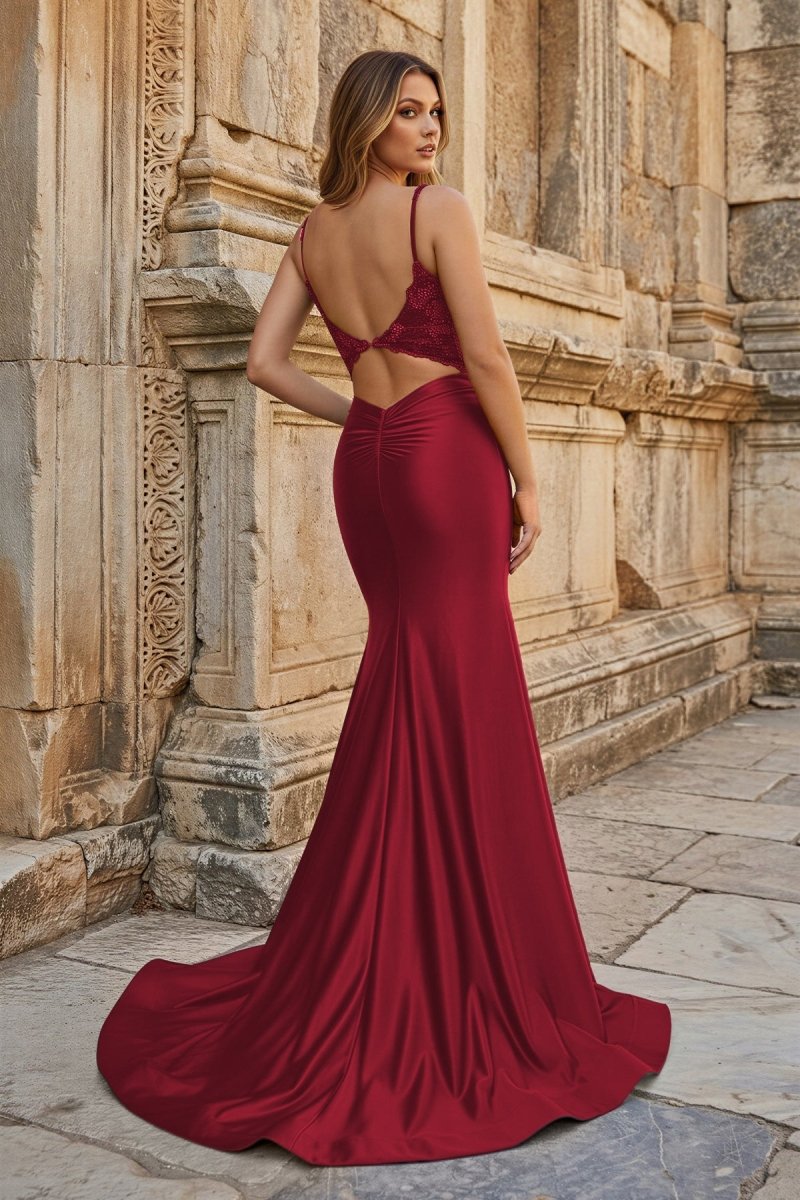 Leila Navy Blue Mermaid Deep V Neck Satin Long Prom Dress with Appliques Burgundy / 14 Leila Navy Blue Mermaid Deep V Neck Satin Long Prom Dress with Appliques Burgundy / 14