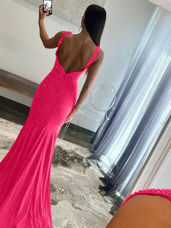 Mermaid Deep V - Neck Beaded Satin Long Prom Dress - KissProm