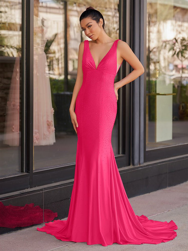 Mermaid Deep V-Neck Beaded Satin Long Prom Dress - KISSPROM PROM DRESSES