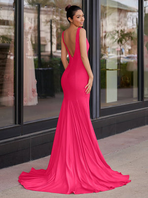 Mermaid Deep V - Neck Beaded Satin Long Prom Dress - KissProm