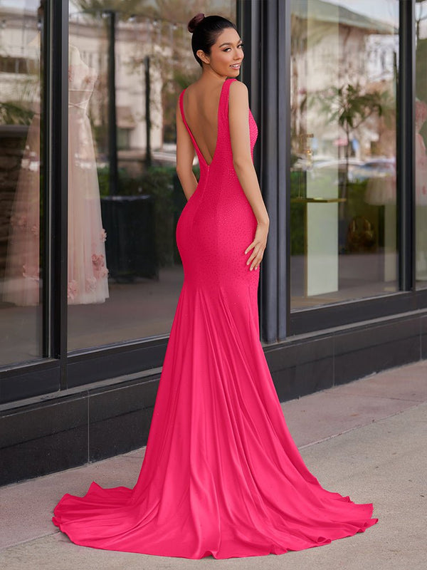 Mermaid Deep V - Neck Beaded Satin Long Prom Dress - KissProm
