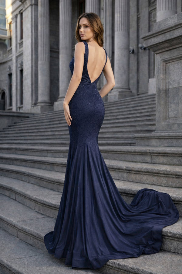 KissProm-Navy Blue Mermaid Deep V-Neck Beaded Satin Long Prom Dress