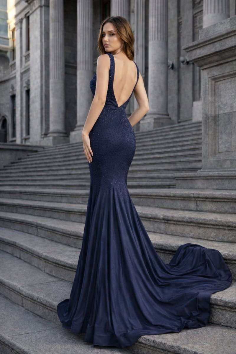 KissProm Mermaid Deep V-Neck Beaded Satin Long Prom Dress, Black / 6
