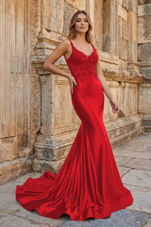 KissProm- Red Mermaid Deep V Neck Satin Long Prom Dress with Appliques