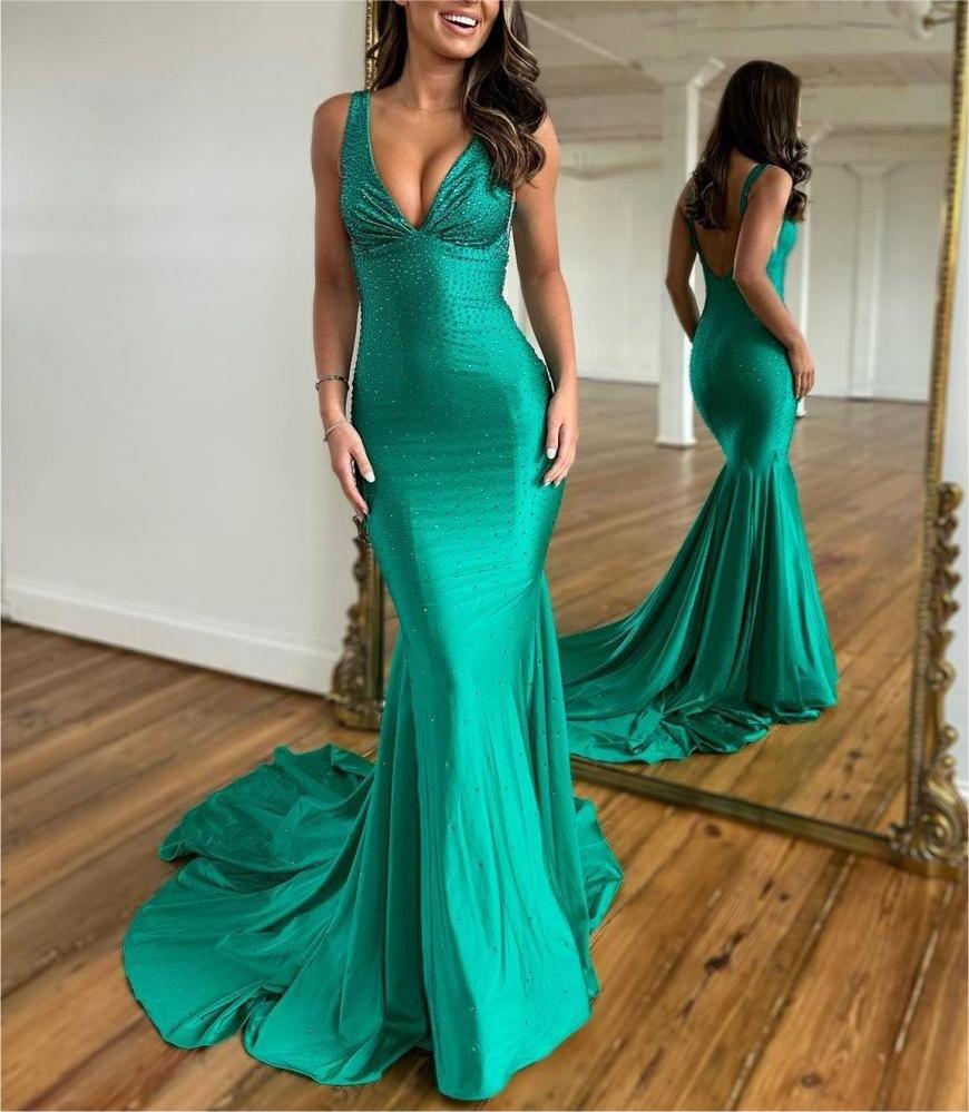 Molly |Mermaid Deep V-Neck Beaded Satin Long Prom Dress