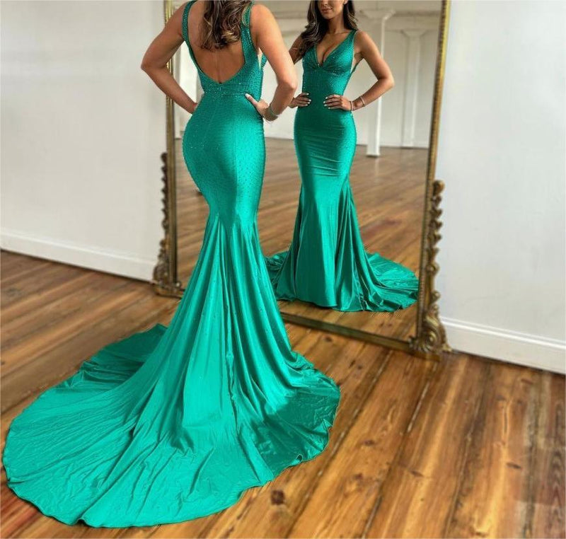 Simple Satin V Neck Mermaid Green Long Prom Dress, Green Evening Dress Y852 main image 1