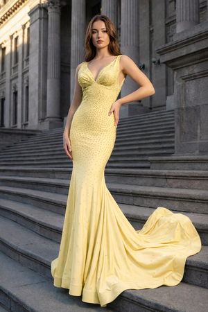KissProm-Yellow Mermaid Deep V-Neck Beaded Satin Long Prom Dress