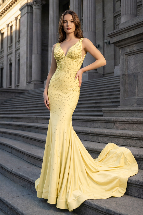 KissProm-Yellow Mermaid Deep V-Neck Beaded Satin Long Prom Dress