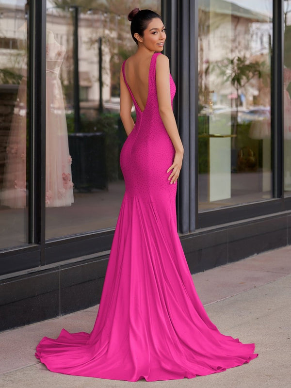 Molly Green Mermaid Deep V-Neck Beaded Satin Long Prom Dress