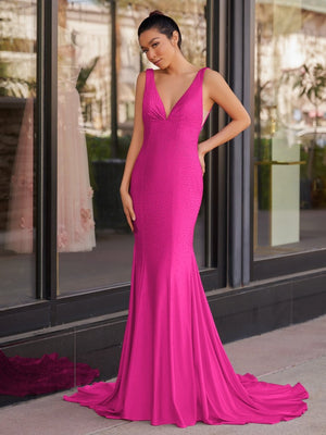 Mermaid Deep V-Neck Beaded Satin Long Prom Dress - KISSPROM PROM DRESSES
