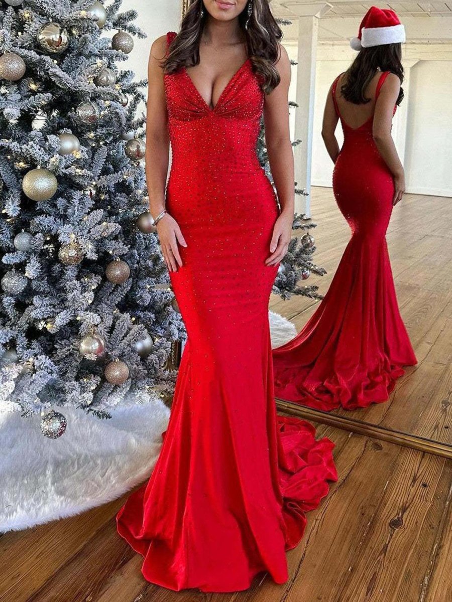 Molly | Mermaid Deep V-Neck Beaded Satin Long Prom Dress