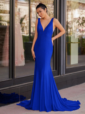 Mermaid Deep V-Neck Beaded Satin Long Prom Dress - KISSPROM PROM DRESSES