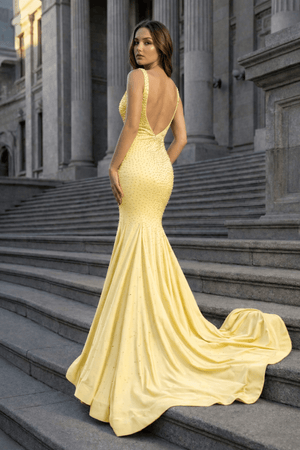Mermaid Deep V-Neck Beaded Satin Long Prom Dress - KISSPROM PROM DRESSES