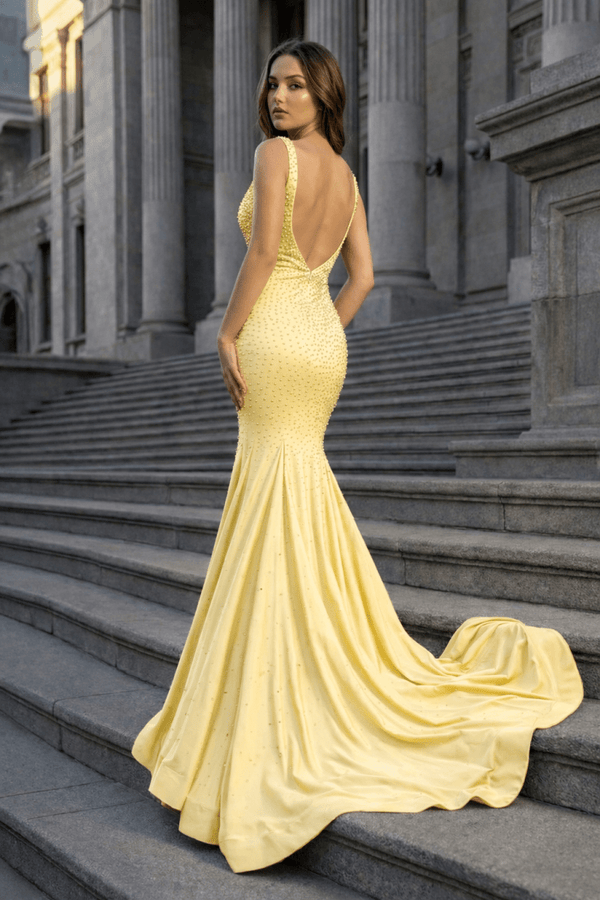 Mermaid Deep V-Neck Beaded Satin Long Prom Dress - KISSPROM PROM DRESSES