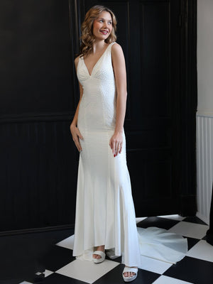 Mermaid Deep V-Neck Beaded Satin Long Prom Dress - KISSPROM PROM DRESSES