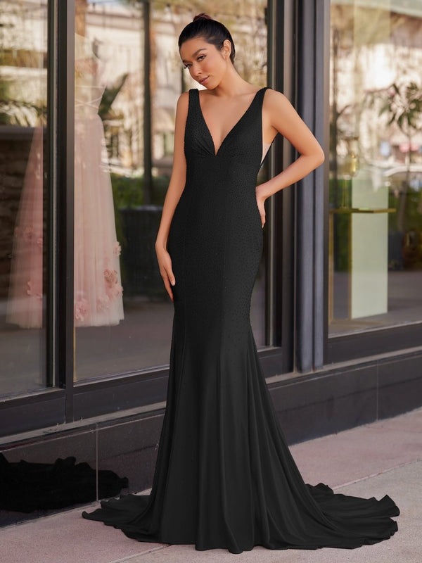 Molly Green Mermaid Deep V-Neck Beaded Satin Long Prom Dress