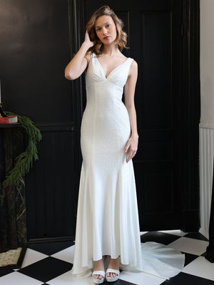 Mermaid Deep V-Neck Beaded Satin Long Prom Dress - KISSPROM PROM DRESSES