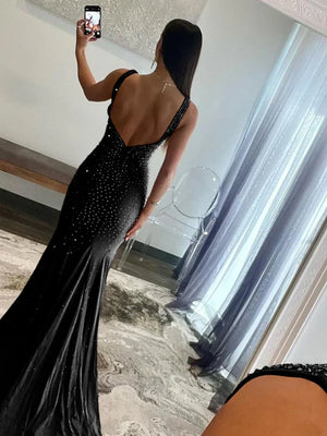 Mermaid Deep V-Neck Beaded Satin Long Prom Dress - KISSPROM PROM DRESSES