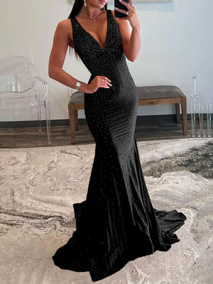 Molly | Mermaid Deep V-Neck Beaded Satin Long Prom Dress