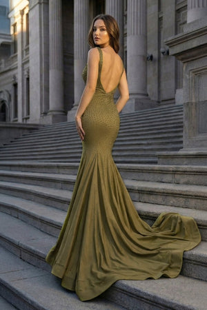 Mermaid Deep V-Neck Beaded Satin Long Prom Dress - KISSPROM PROM DRESSES