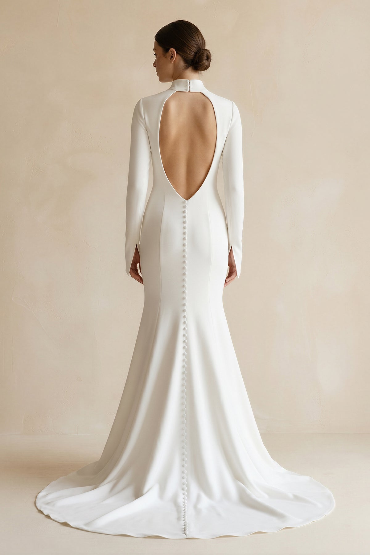 KissProm Mermaid White Open Back High Neck Wedding Dress, Diamond White / Custom Size
