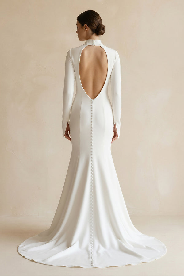 Mermaid White Open Back High Neck Wedding Dress – Wedding Dresses by KissProm | Available at KissProm