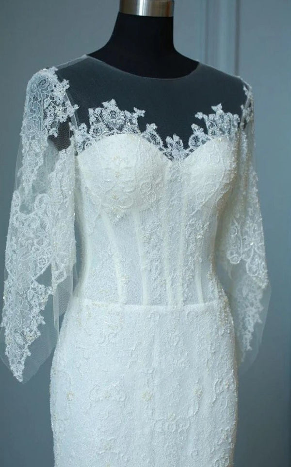 Mermaid Sweep-Train Half Sleeve Bell Zipper Keyhole Lace Dress