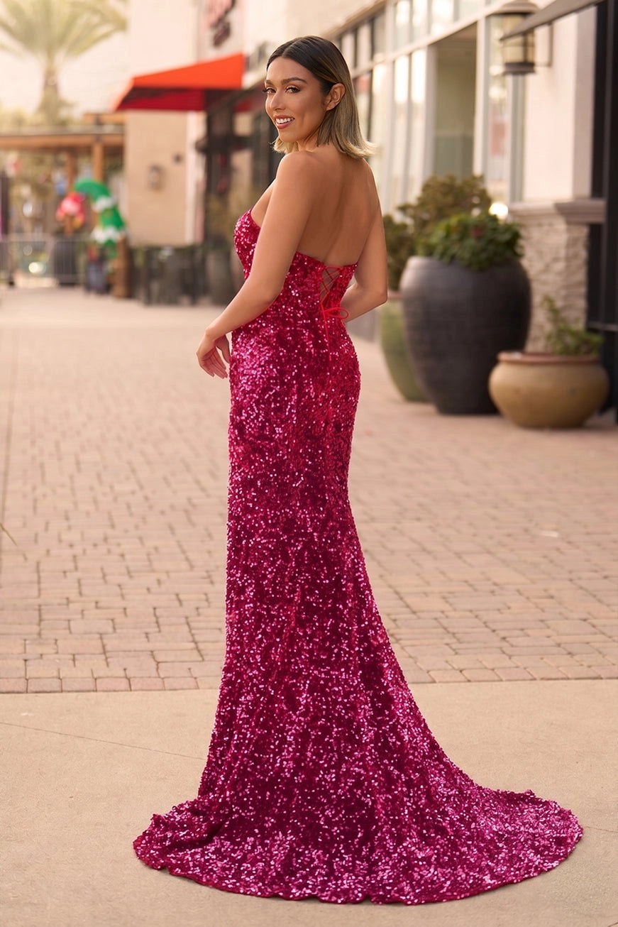 KissProm Mermaid Strapless Sequins Long Prom Dress with Slit, Fuchsia / 10