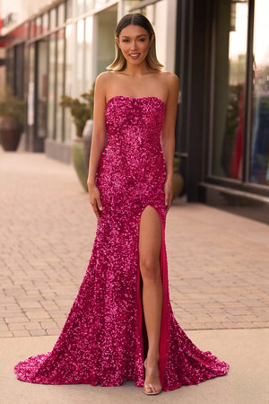 Mermaid Strapless Sequins Long Prom Dress with Slit - KissProm 