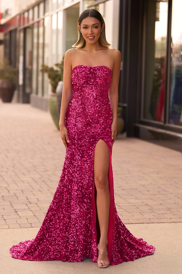 Mermaid Strapless Sequins Long Prom Dress with Slit - KissProm 