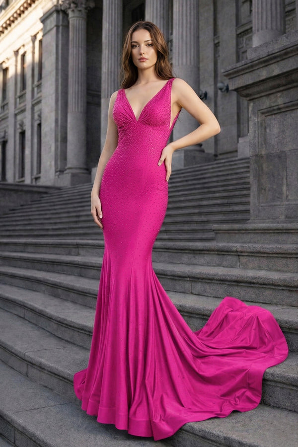 Mermaid Deep V-Neck Beaded Satin Long Prom Dress - KISSPROM PROM DRESSES