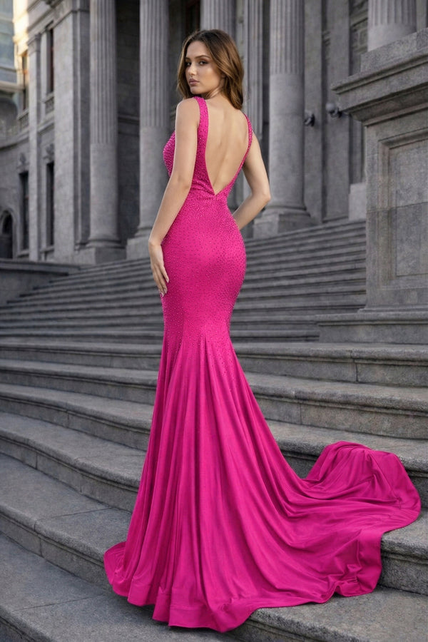 Mermaid Deep V-Neck Beaded Satin Long Prom Dress - KISSPROM PROM DRESSES