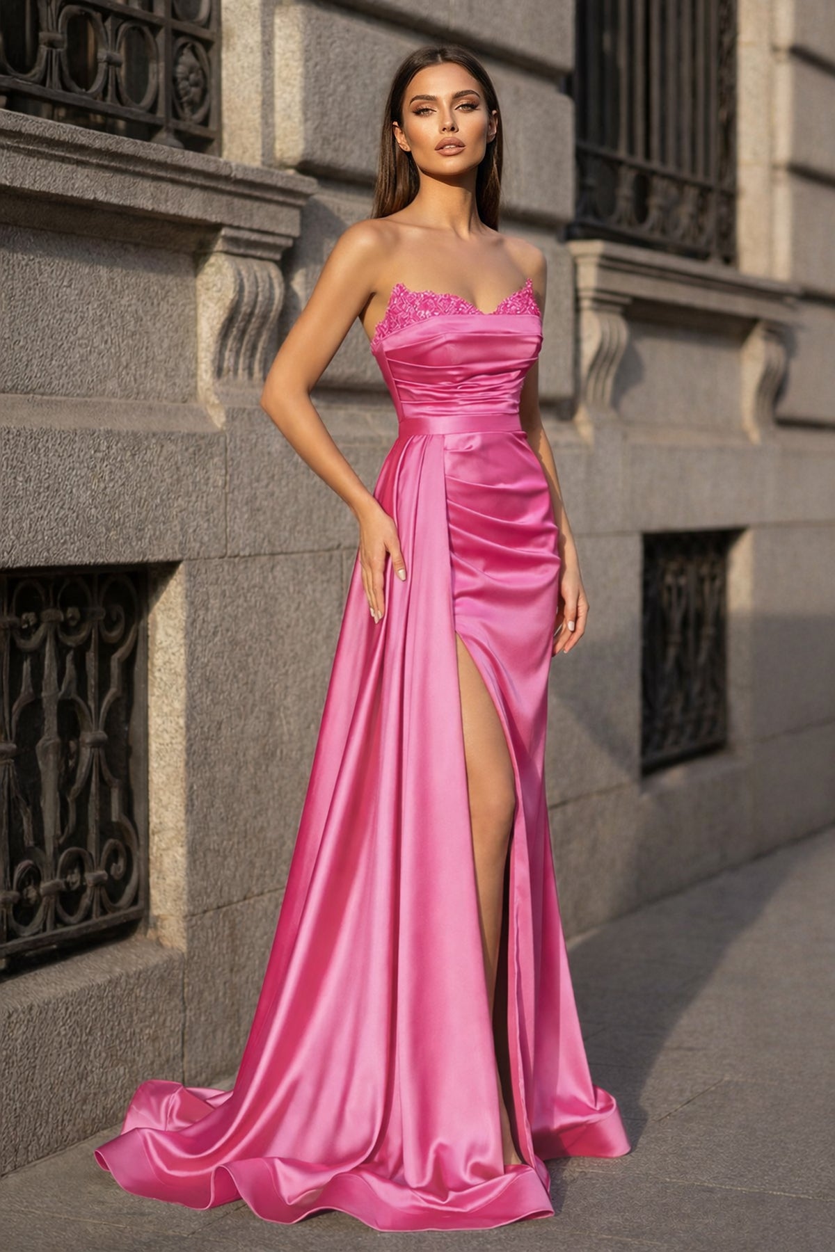 KissProm Mermaid Evening Gown Sexy Dress Prom Court Train Sleeveless Strapless Satin with Slit Pure Color, Hot Pink / 10