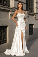 Mermaid Evening Gown Sexy Dress Prom Court Train Sleeveless Strapless Satin with Slit Pure Color - KISSPROM PROM DRESSES