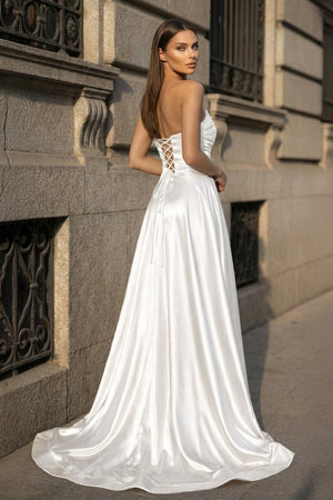 Mermaid Evening Gown Sexy Dress Prom Court Train Sleeveless Strapless Satin with Slit Pure Color - KISSPROM PROM DRESSES