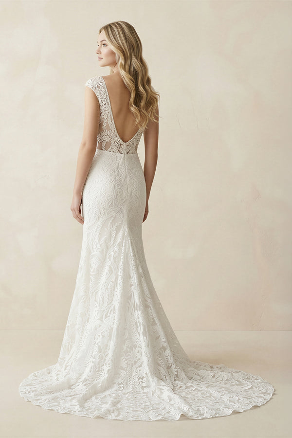 Mermaid Lace Illusion Neck Cap Sleeve Wedding Dress in White - KissProm Wedding Dresses