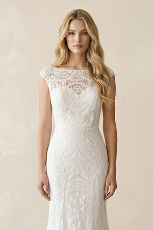 Mermaid Lace Illusion Neck Cap Sleeve Wedding Dress in White - KissProm Wedding Dresses
