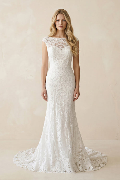 Mermaid Lace Illusion Neck Cap Sleeve Wedding Dress in White - KissProm Wedding Dresses