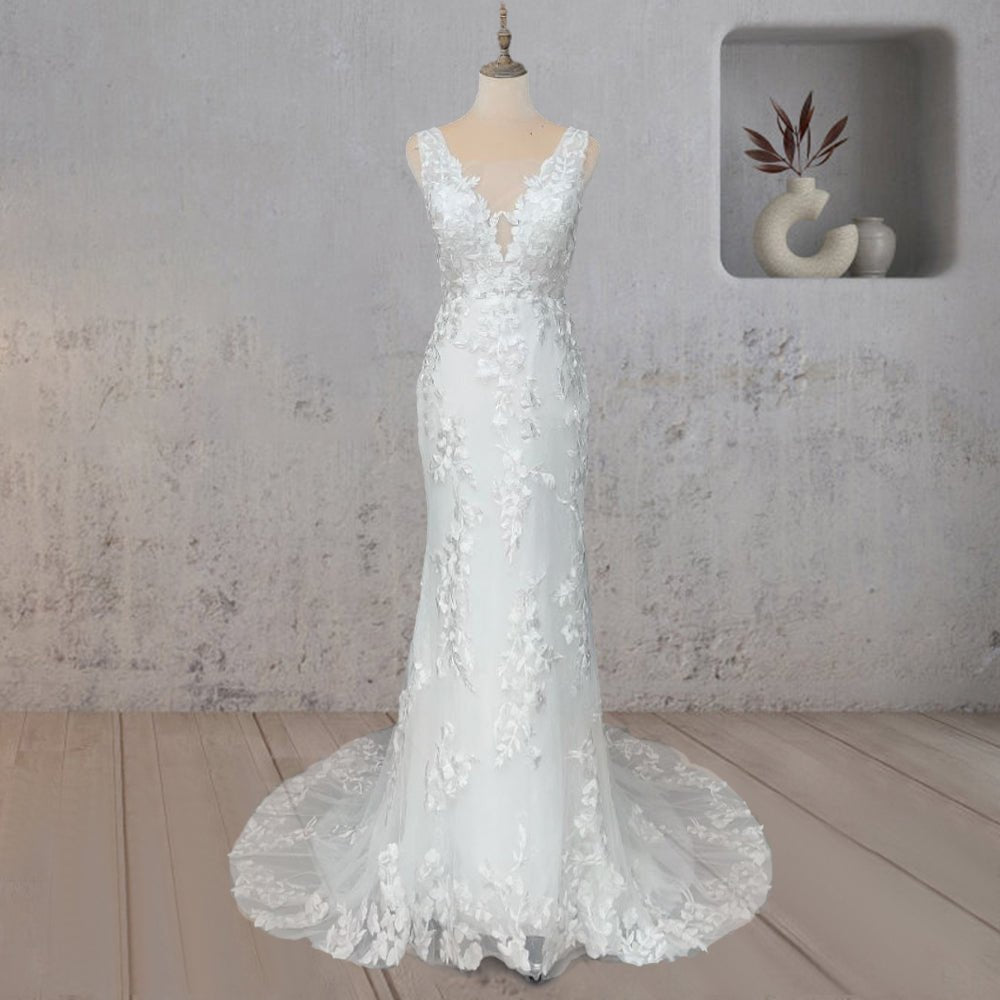 Mermaid Lace Illusion V Neck Sleeveless Backless Wedding Dress - KissProm