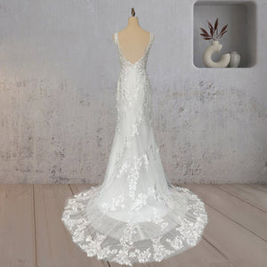Mermaid Lace Illusion V Neck Sleeveless Backless Wedding Dress - KissProm