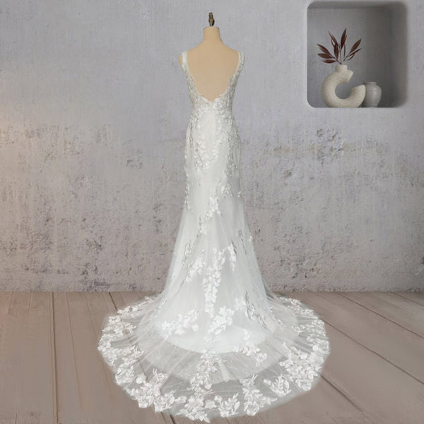 Mermaid Lace Illusion V Neck Sleeveless Backless Wedding Dress - KissProm