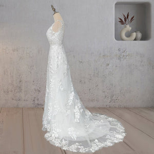 Mermaid Lace Illusion V Neck Sleeveless Backless Wedding Dress - KissProm