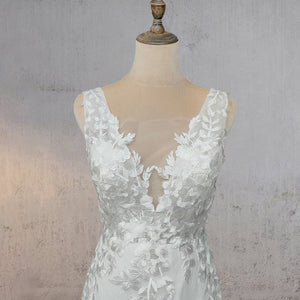 Mermaid Lace Illusion V Neck Sleeveless Backless Wedding Dress - KissProm