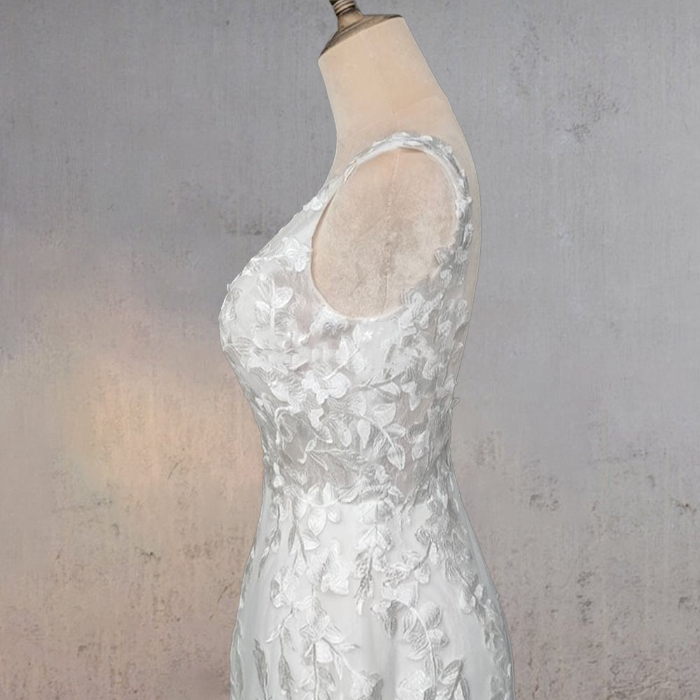 Mermaid Lace Illusion V Neck Sleeveless Backless Wedding Dress - KissProm