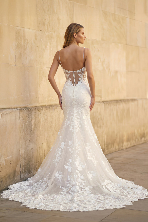 spaghetti strap bridal dress Mermaid Lace White Wedding Dresses Spaghetti Straps, Diamond White / 10