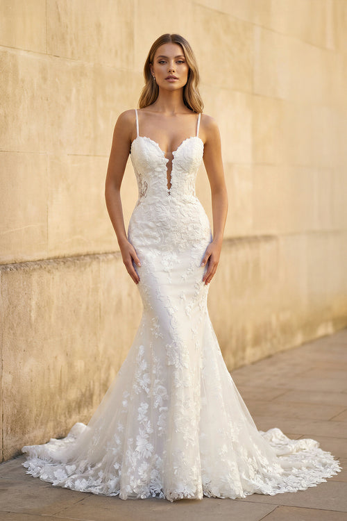 Mermaid Lace White Wedding Dresses Spaghetti Straps